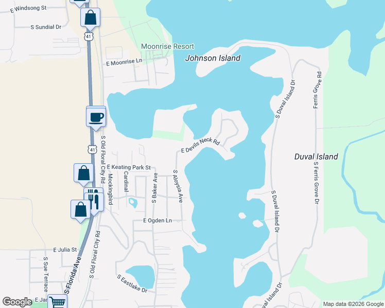 map of restaurants, bars, coffee shops, grocery stores, and more near 8968 East Devilsneck Road in Floral City