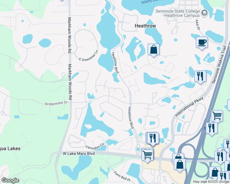 map of restaurants, bars, coffee shops, grocery stores, and more near 399 Berwick Court in Heathrow