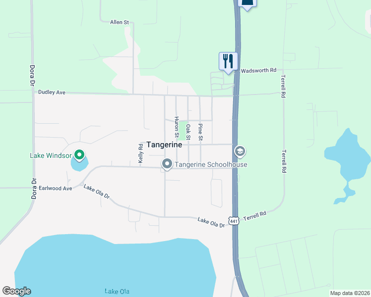 map of restaurants, bars, coffee shops, grocery stores, and more near 5535 Oak Street in Mount Dora