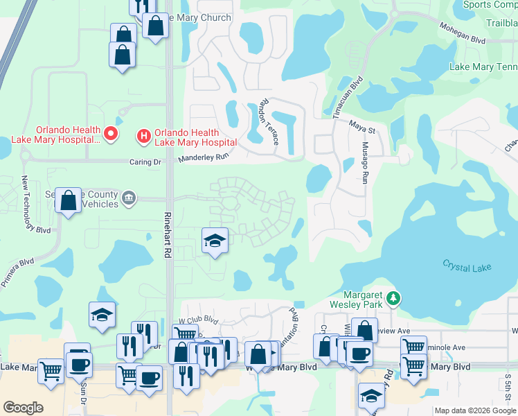 map of restaurants, bars, coffee shops, grocery stores, and more near 3621 Messina Drive in Lake Mary