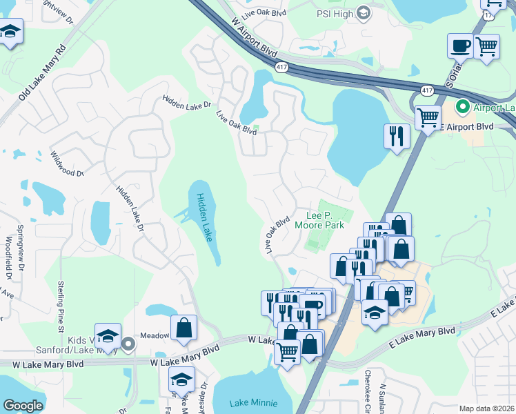map of restaurants, bars, coffee shops, grocery stores, and more near 115 Crooked Pine Drive in Sanford