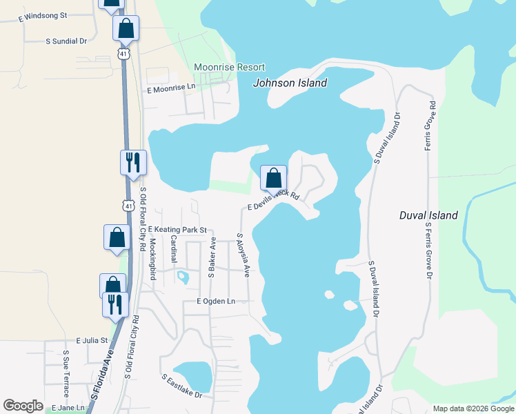 map of restaurants, bars, coffee shops, grocery stores, and more near 8968 East Devils Neck Road in Floral City