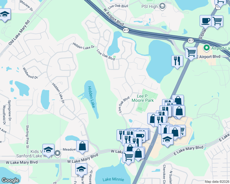 map of restaurants, bars, coffee shops, grocery stores, and more near 115 Crooked Pine Drive in Sanford