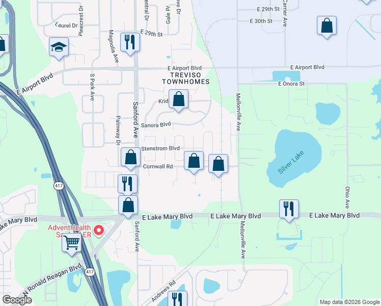map of restaurants, bars, coffee shops, grocery stores, and more near 202 South Somerset Court in Sanford