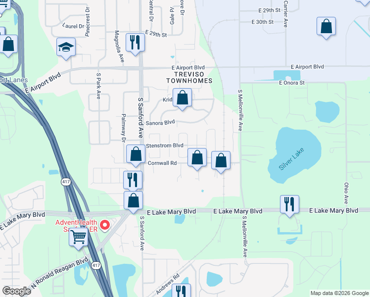 map of restaurants, bars, coffee shops, grocery stores, and more near 133 North Aberdeen Circle in Sanford