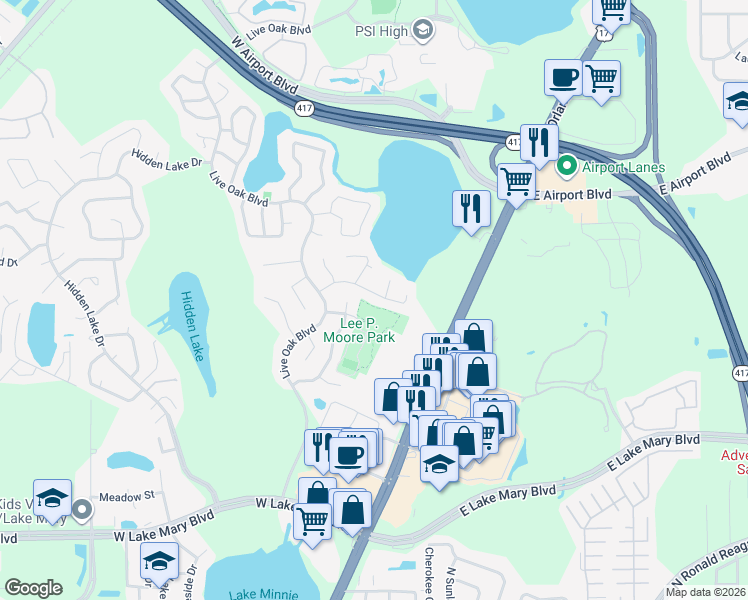 map of restaurants, bars, coffee shops, grocery stores, and more near 119 Lake Ada Circle in Sanford