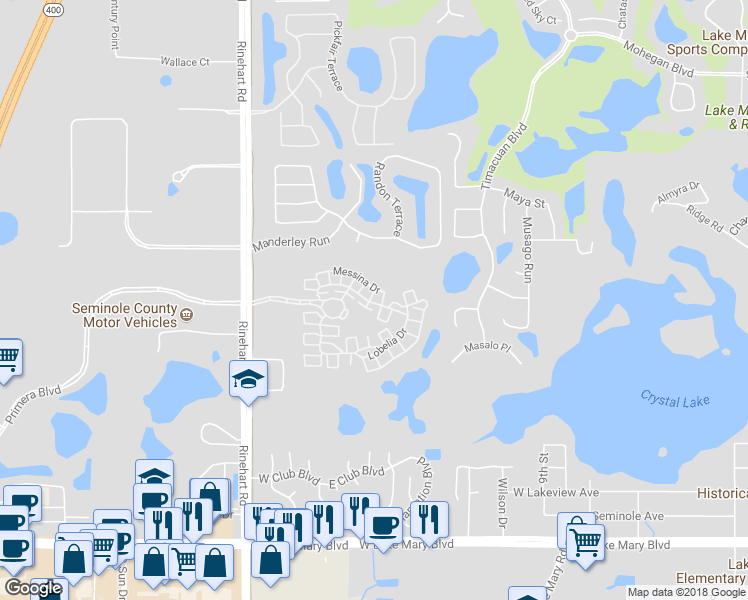 map of restaurants, bars, coffee shops, grocery stores, and more near 3736 Messina Drive in Lake Mary