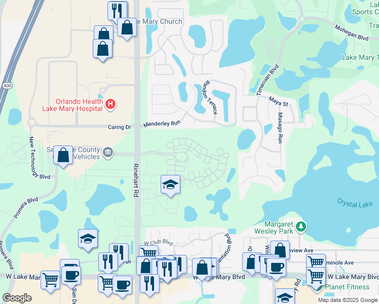 map of restaurants, bars, coffee shops, grocery stores, and more near 4004 Messina Drive in Lake Mary