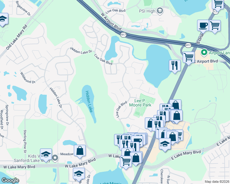 map of restaurants, bars, coffee shops, grocery stores, and more near 115 Crooked Pine Drive in Sanford