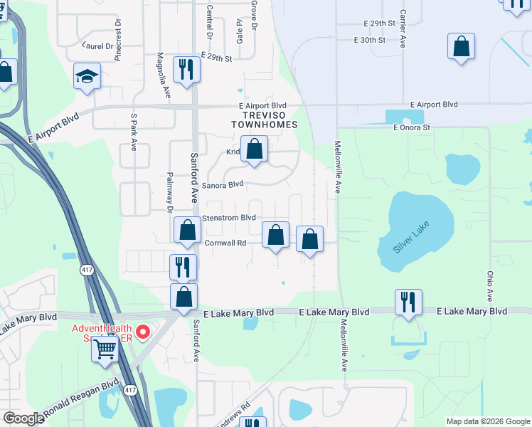 map of restaurants, bars, coffee shops, grocery stores, and more near 134 North Aberdeen Circle in Sanford