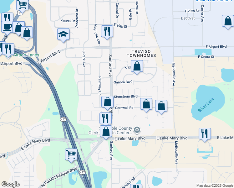 map of restaurants, bars, coffee shops, grocery stores, and more near 116 Reel Court in Sanford