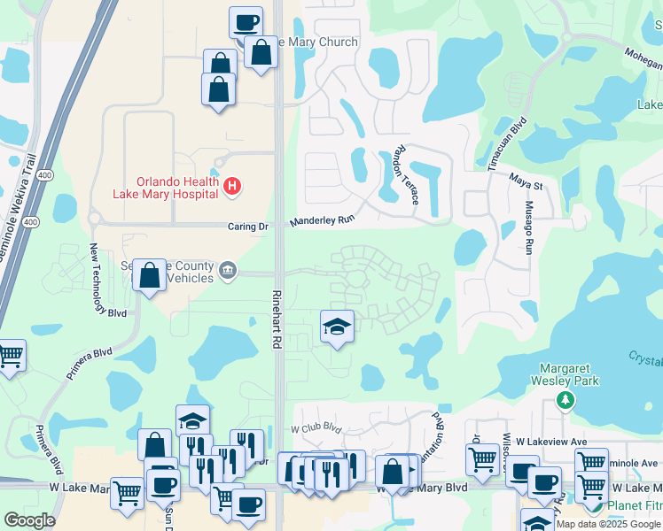 map of restaurants, bars, coffee shops, grocery stores, and more near 5025 San Marino Circle in Lake Mary
