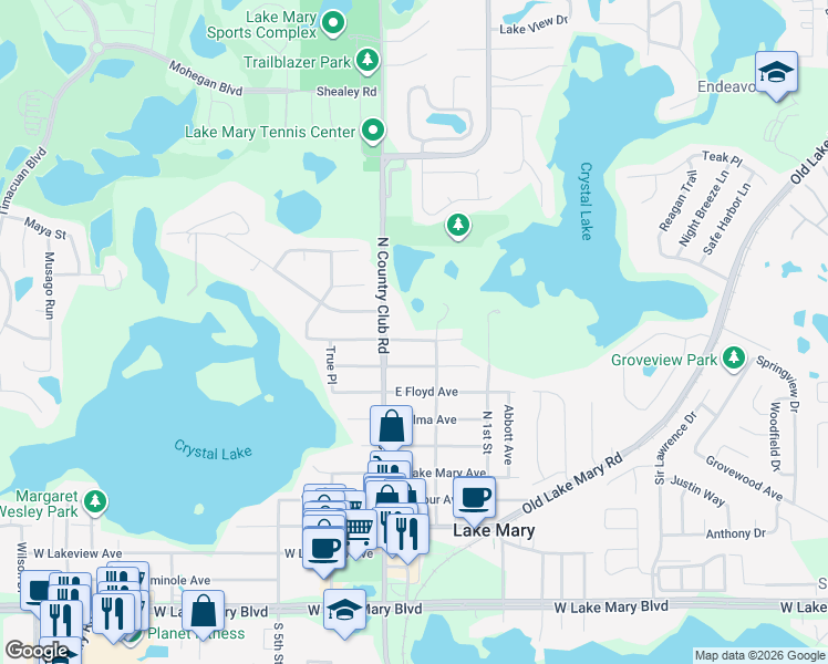 map of restaurants, bars, coffee shops, grocery stores, and more near 144 East Fredrick Avenue in Lake Mary