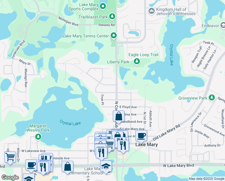 map of restaurants, bars, coffee shops, grocery stores, and more near 102 West Frederick Avenue in Lake Mary