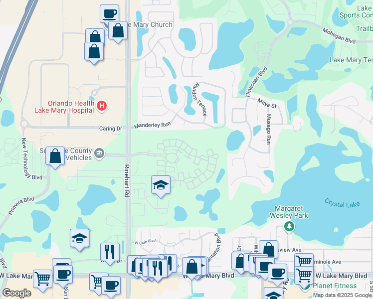 map of restaurants, bars, coffee shops, grocery stores, and more near 4036 Messina Drive in Lake Mary