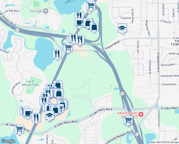 map of restaurants, bars, coffee shops, grocery stores, and more near 3440 Windsor Lake Circle in Sanford