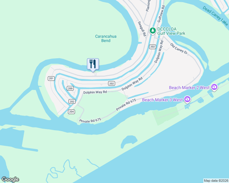 map of restaurants, bars, coffee shops, grocery stores, and more near Dolphin Way Road in Matagorda County