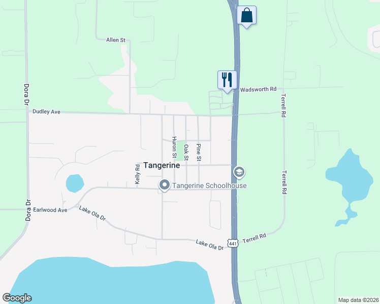 map of restaurants, bars, coffee shops, grocery stores, and more near 5735 Oak Street in Mount Dora