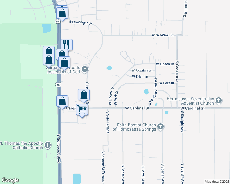 map of restaurants, bars, coffee shops, grocery stores, and more near 6750 West Park Drive in Homosassa