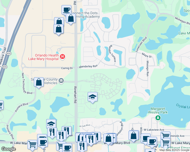 map of restaurants, bars, coffee shops, grocery stores, and more near 4632 Messina Drive in Lake Mary