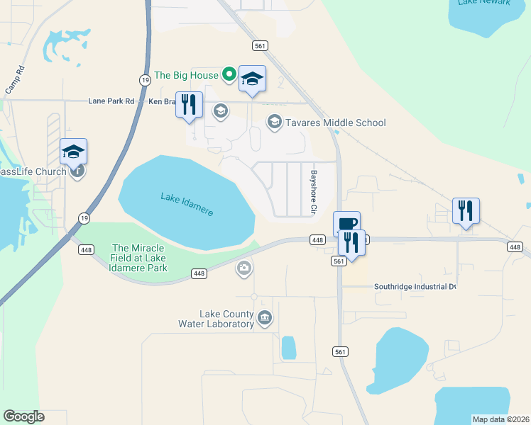 map of restaurants, bars, coffee shops, grocery stores, and more near 3812 Bayshore Circle in Tavares