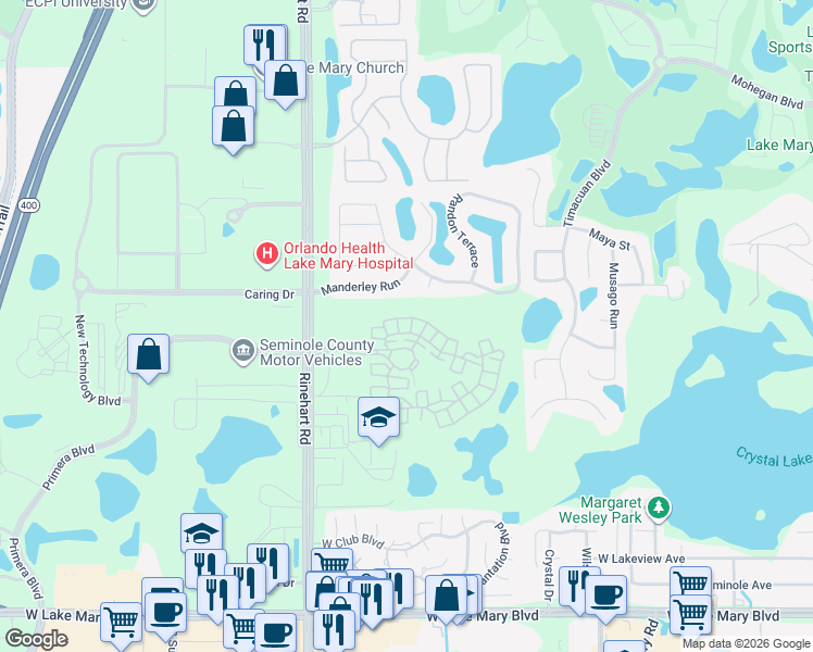 map of restaurants, bars, coffee shops, grocery stores, and more near 4504 Messina Drive in Lake Mary