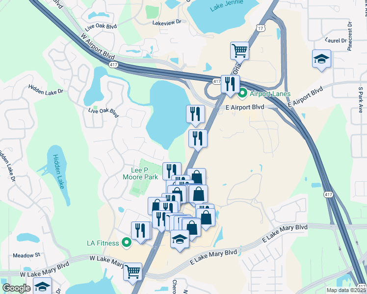 map of restaurants, bars, coffee shops, grocery stores, and more near 3220 South Orlando Drive in Sanford