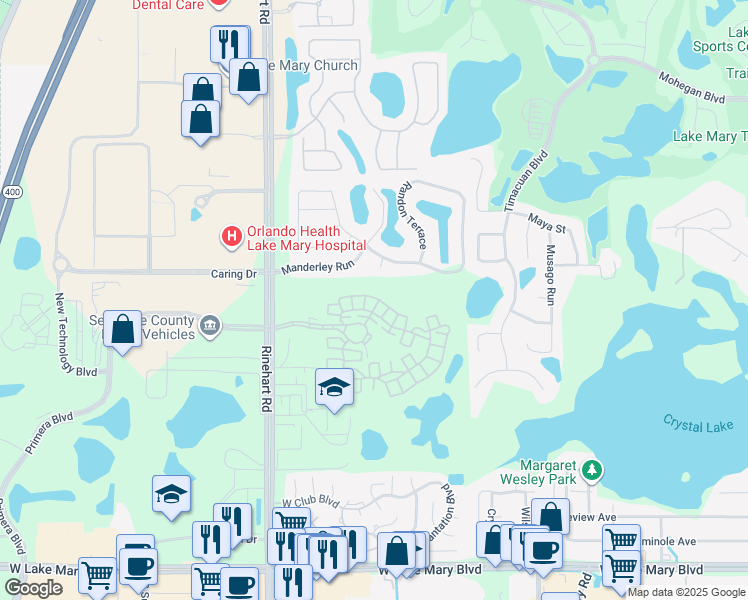 map of restaurants, bars, coffee shops, grocery stores, and more near 591 Lake Coven Court in Lake Mary
