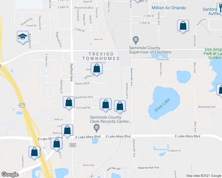 map of restaurants, bars, coffee shops, grocery stores, and more near 111 Bristol Circle in Sanford