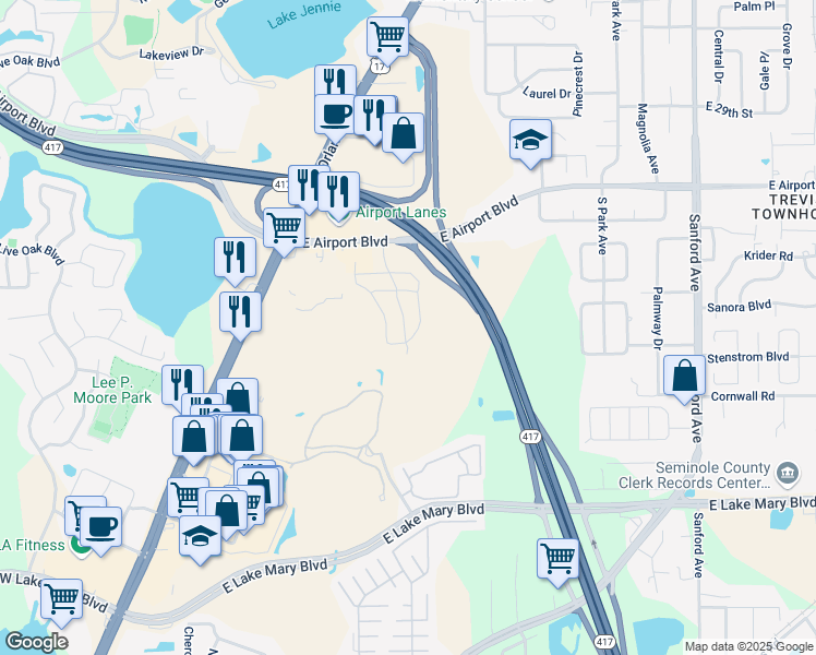 map of restaurants, bars, coffee shops, grocery stores, and more near 3161 Windleshore Way in Sanford