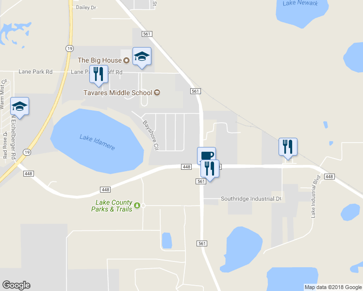 map of restaurants, bars, coffee shops, grocery stores, and more near 3837 Bayshore Circle in Tavares