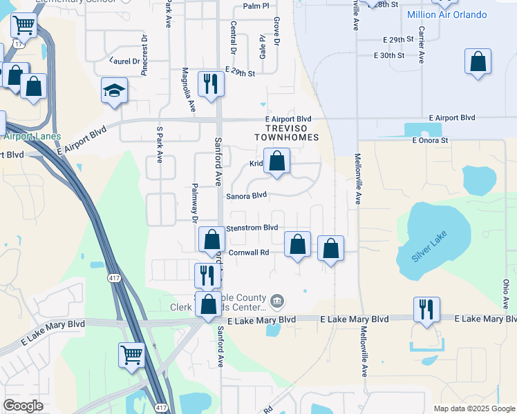 map of restaurants, bars, coffee shops, grocery stores, and more near 121 Sanora Boulevard in Sanford