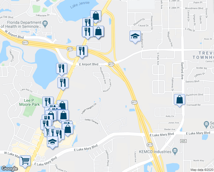 map of restaurants, bars, coffee shops, grocery stores, and more near 3161 Windleshore Way in Sanford