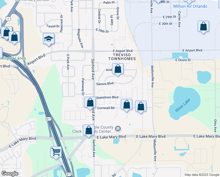 map of restaurants, bars, coffee shops, grocery stores, and more near 121 Sanora Boulevard in Sanford
