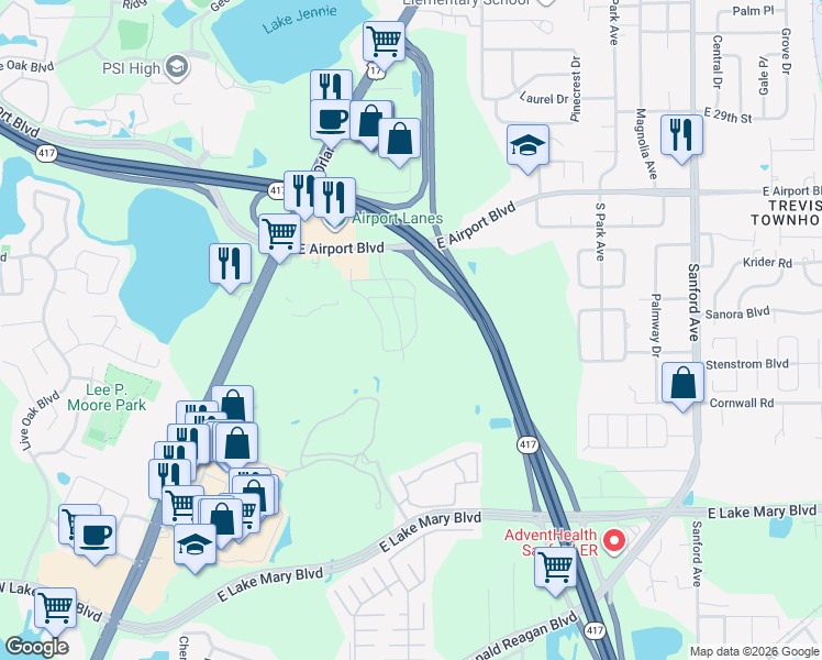 map of restaurants, bars, coffee shops, grocery stores, and more near 5221 Windsor Lake Circle in Sanford