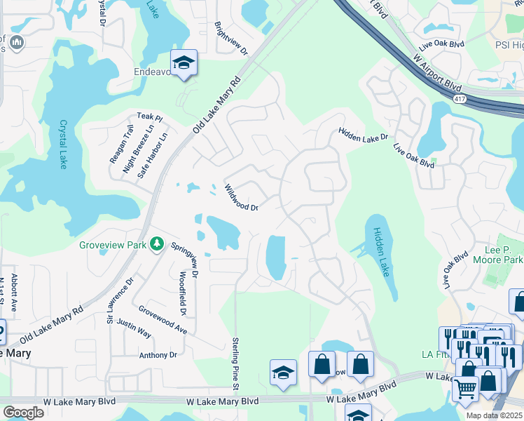 map of restaurants, bars, coffee shops, grocery stores, and more near 111 Wildwood Drive in Sanford