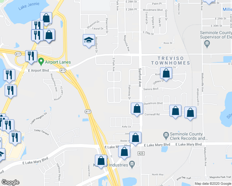 map of restaurants, bars, coffee shops, grocery stores, and more near 3505 South Park Avenue in Sanford