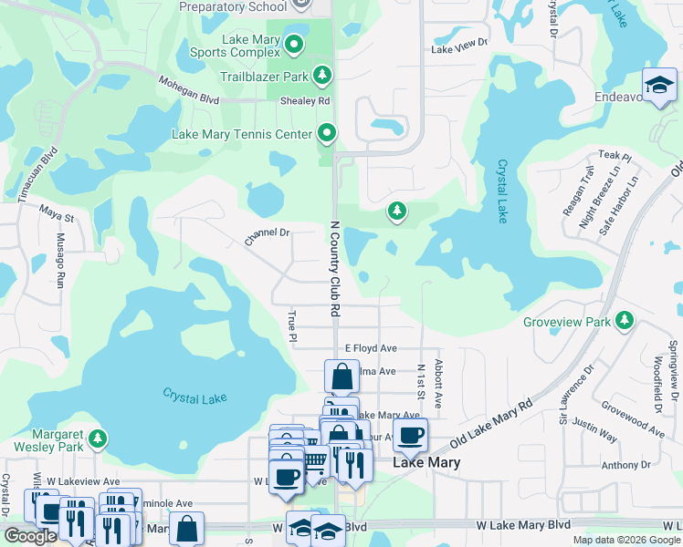 map of restaurants, bars, coffee shops, grocery stores, and more near 101 Crystal Ridge Court in Lake Mary