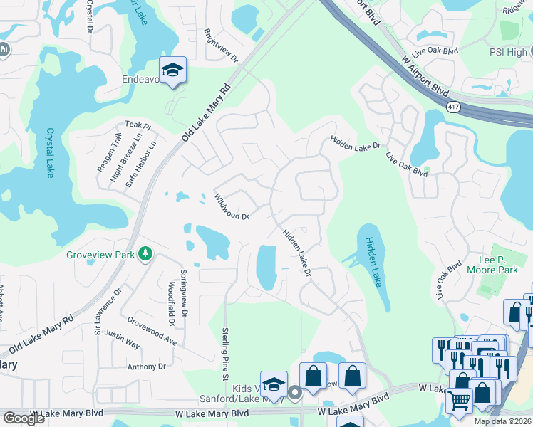 map of restaurants, bars, coffee shops, grocery stores, and more near 103 Wildwood Drive in Sanford