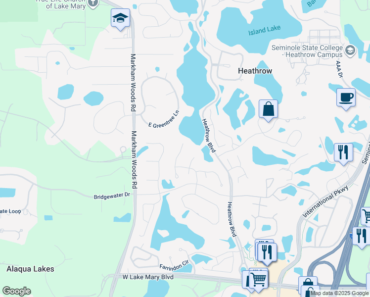 map of restaurants, bars, coffee shops, grocery stores, and more near 373 North Spaulding Cove in Heathrow