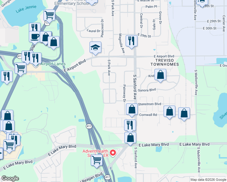 map of restaurants, bars, coffee shops, grocery stores, and more near 107 East Jinkins Circle in Sanford