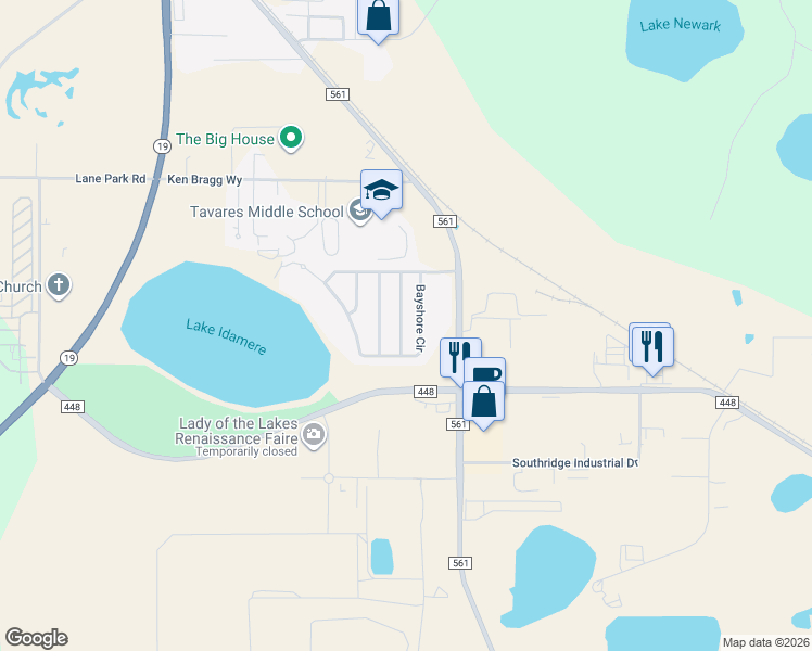 map of restaurants, bars, coffee shops, grocery stores, and more near 3719 Meadow Green Drive in Tavares