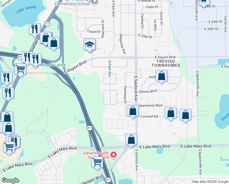 map of restaurants, bars, coffee shops, grocery stores, and more near 107 East Jinkins Circle in Sanford