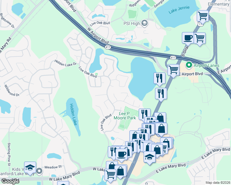 map of restaurants, bars, coffee shops, grocery stores, and more near 110 Wild Elm Court in Sanford