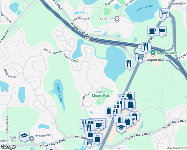 map of restaurants, bars, coffee shops, grocery stores, and more near 110 Wild Elm Court in Sanford