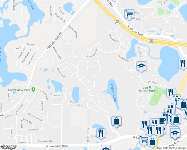map of restaurants, bars, coffee shops, grocery stores, and more near 231 Loch Low Drive in Sanford