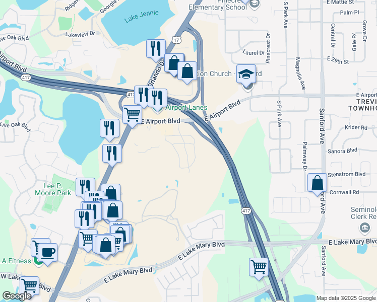 map of restaurants, bars, coffee shops, grocery stores, and more near 3161 Windleshore Way in Sanford
