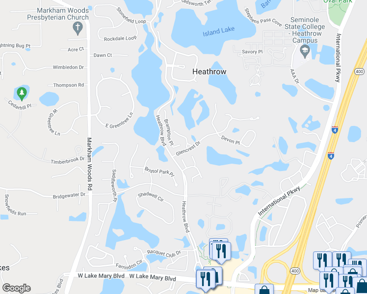 map of restaurants, bars, coffee shops, grocery stores, and more near 1276 Brampton Place in Lake Mary
