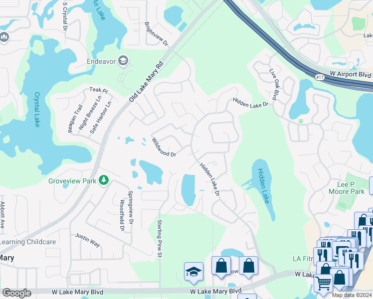 map of restaurants, bars, coffee shops, grocery stores, and more near 103 Wildwood Drive in Sanford