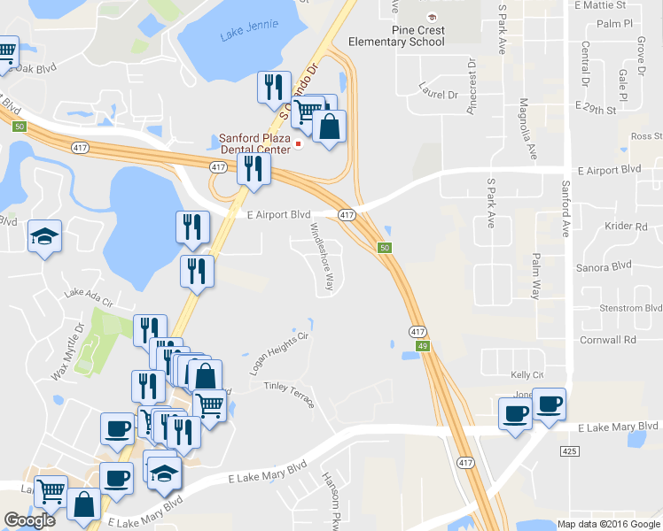 map of restaurants, bars, coffee shops, grocery stores, and more near 3161 Windleshore Way in Sanford